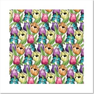 Tulips And Butterflies Pattern Posters and Art